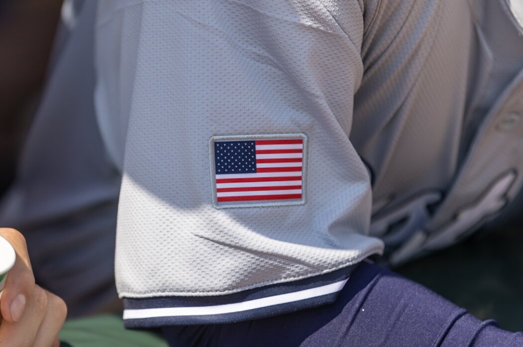 American flag patch on a Casteel Baseball uniform
